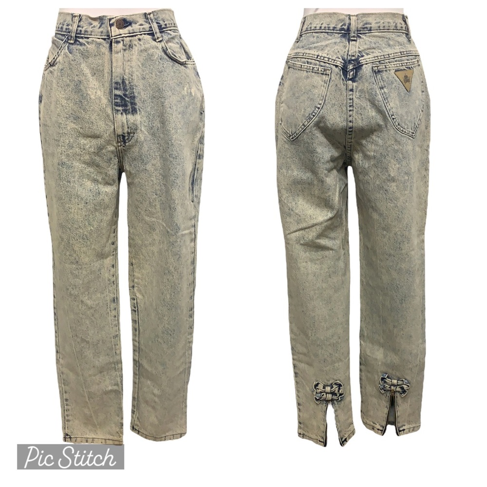Vintage 80s Cap Ferrat high waisted acid wash bow zip ankle accent mom jeans